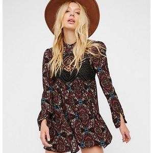 Free People Black With Colors Long Sleeve High Low Dress With Knitted Lace